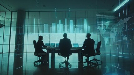 Holographic Interface in Business Meeting, professionals engaged in discussion, interacting with dynamic floating data charts, showcasing advanced technology in a corporate environment