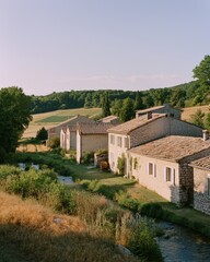 Serene Stone Village by the Stream in Green Landscape