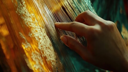 Close-up of a craftsman weaving beautiful Thai silk by hand, capturing the expert technique and the rich textures of the vibrant fabric