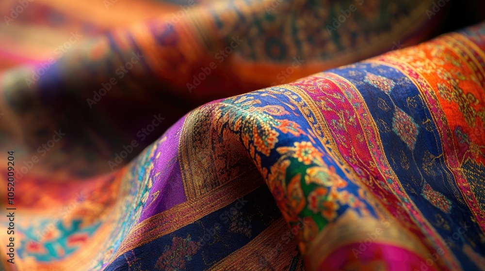 Poster Close-up view of the intricate hand weaving of Thai silk, emphasizing the weaver's skill and the vibrant colors and patterns of the fabric