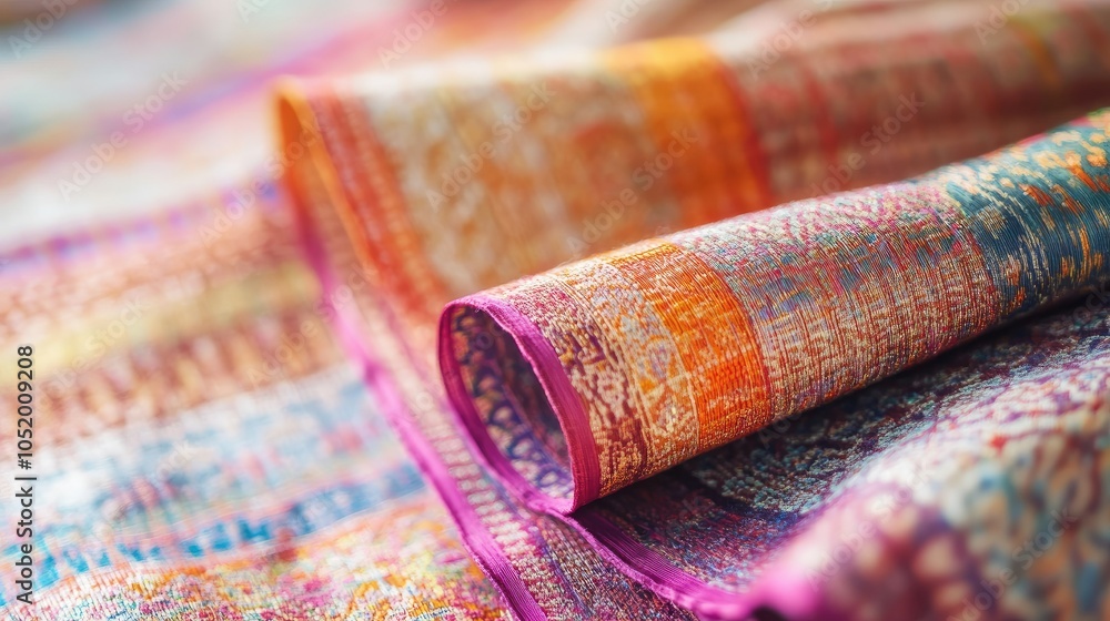 Poster Close-up view of the intricate hand weaving of Thai silk, emphasizing the weaver's skill and the vibrant colors and patterns of the fabric