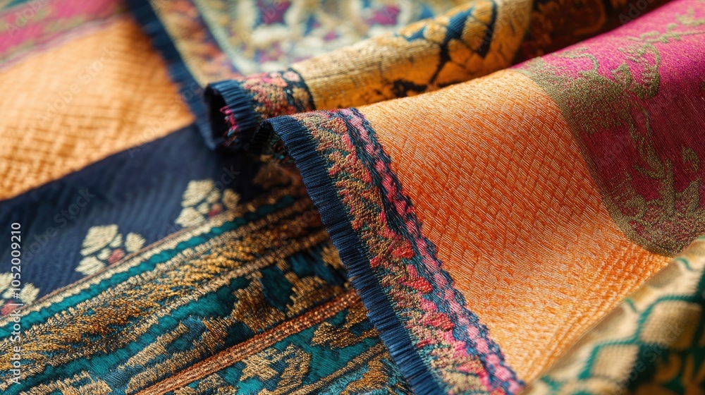 Poster Close-up view of the intricate hand weaving of Thai silk, emphasizing the weaver's skill and the vibrant colors and patterns of the fabric
