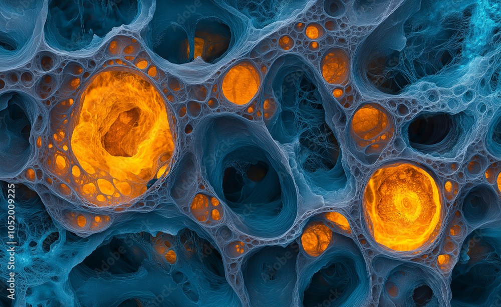 Poster abstract bubbles with orange glow: close-up of abstract blue bubbles with a bright orange glow at th