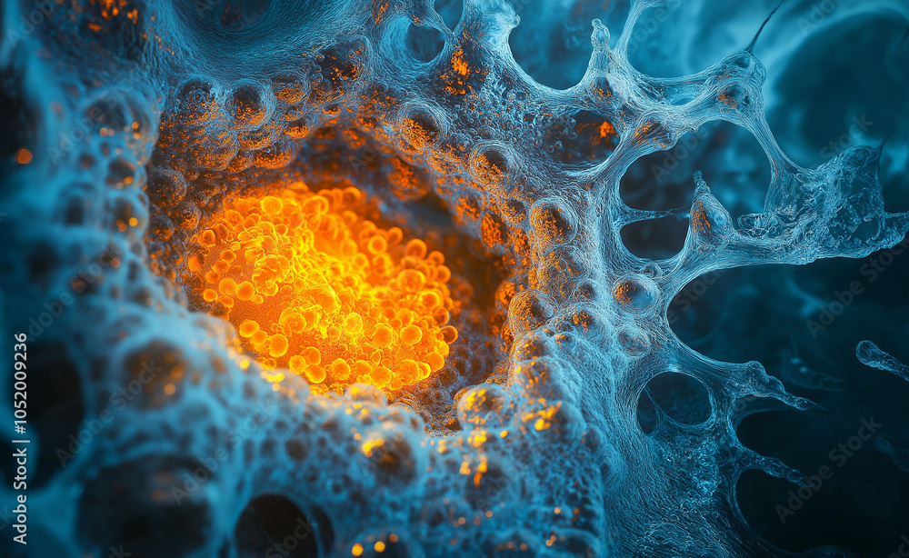 Poster abstract bubbles with orange glow: close-up of abstract blue bubbles with a bright orange glow at th