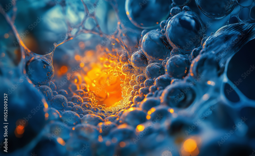 Poster abstract bubbles with orange glow: close-up of abstract blue bubbles with a bright orange glow at th