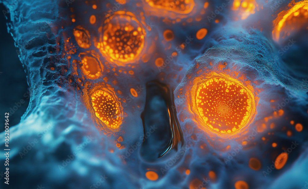 Poster abstract bubbles with orange glow: close-up of abstract blue bubbles with a bright orange glow at th