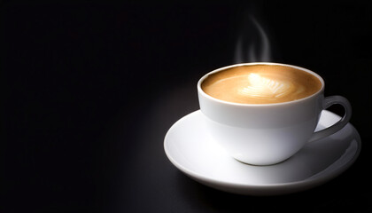 Obraz premium Hot latte coffee in white ceramic cup on side position provides copy space for text. background concept isolated dark background