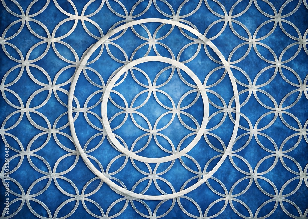 Poster intricate circular patterns overlaying deep blue backgrounds