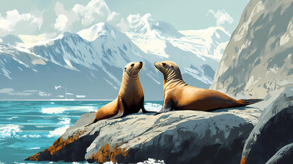 Sea lions bask leisurely on rocky outcrops by the shore. Rocky Outcrops. Illustration