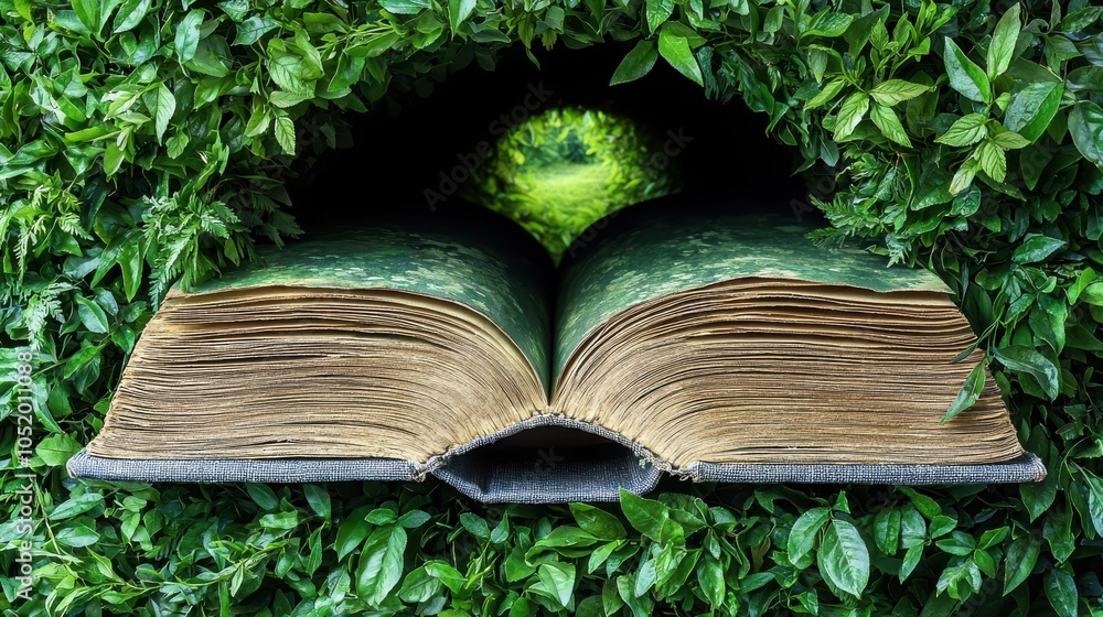 Poster an open book embedded in lush green foliage, revealing a serene path through nature, symbolizing kno
