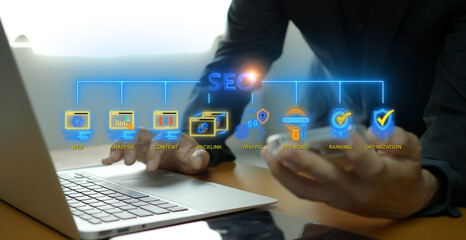 Businessman shows glowing neon line banner of SEO concept with icons of web, analysis, content,...