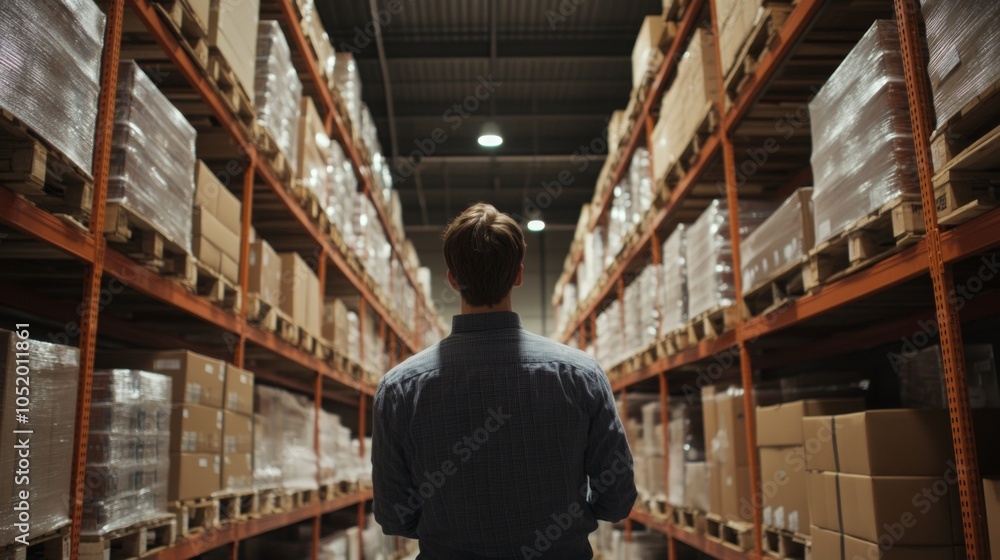 Poster A man stands in a warehouse aisle, surrounded by shelves stacked with boxes, highlighting a busy storage environment.