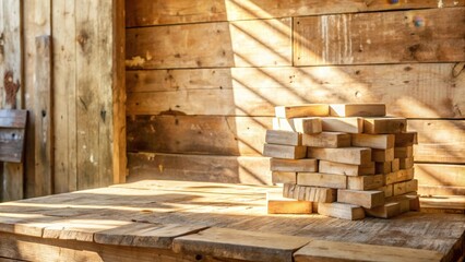 A weathered wooden table with a pile of wooden blocks in the sunlight, surrounded by rustic walls and a hint of the outdoors.