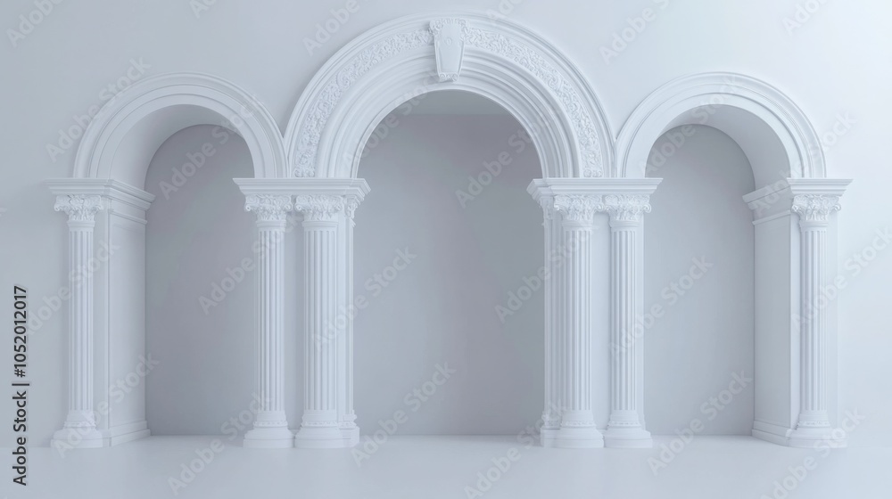 Poster a minimalist scene featuring three elegantly crafted white arches with decorative columns against a 