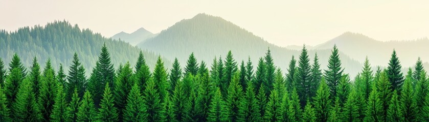 Fototapeta premium A serene landscape showcasing a lush forest with towering pine trees and distant mountains, evoking tranquility and natural beauty.