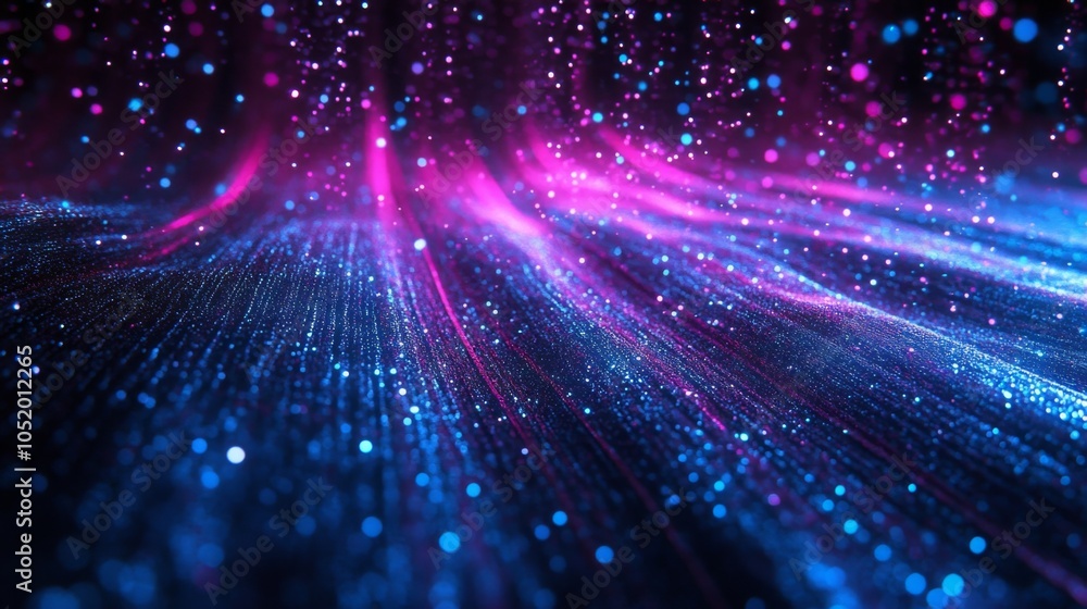 Poster a vibrant display of flowing blue and pink light particles, creating a dynamic, abstract background 