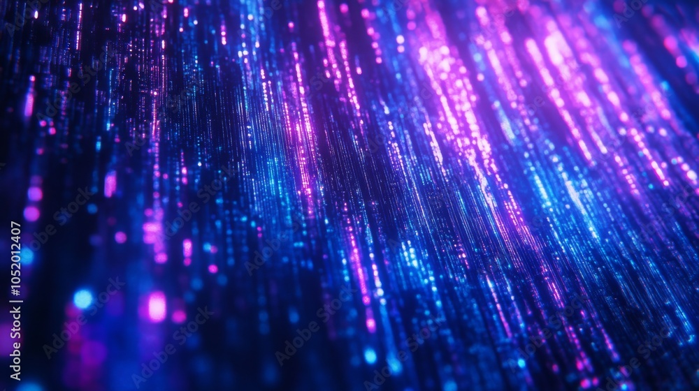 Poster A vibrant digital backdrop displaying cascading lines of blue and purple light, creating a dynamic and energetic atmosphere.