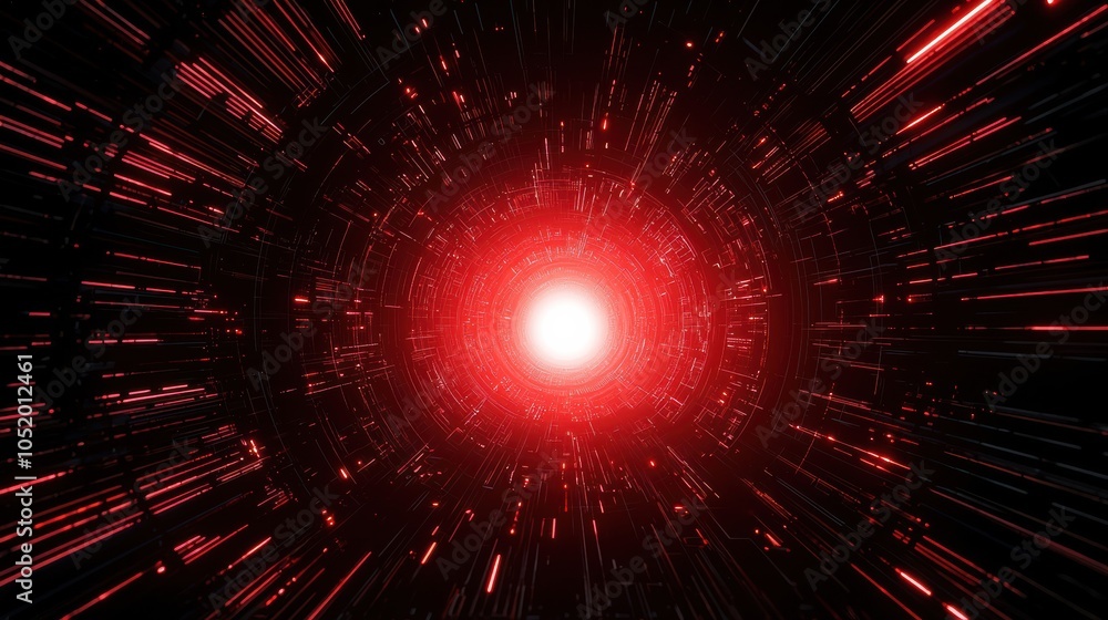 Poster a dynamic abstract scene featuring vibrant red lines radiating from a central glowing sphere, creati