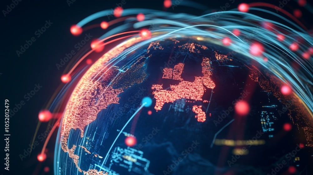 Poster a digital globe representation with illuminated regions and dynamic data lines, symbolizing connecti