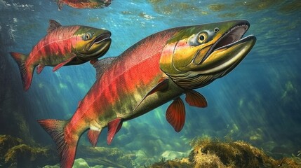 Vibrant painting of Chinook salmon swimming in blue, fresh river water with strong currents and rich colors.