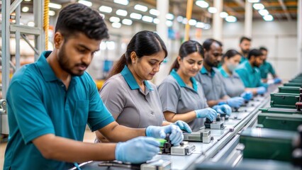 Indian Assembly Line Workers - Workers assembling products on an assembly line in a factory.
