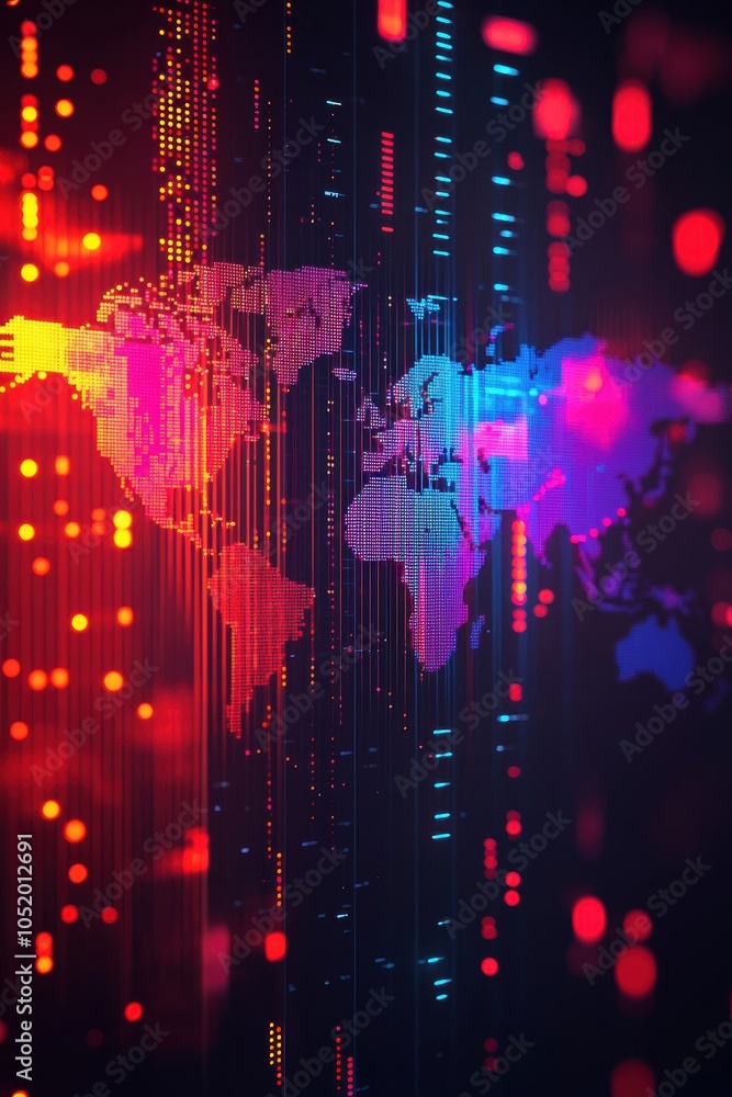 Poster abstract digital representation of a world map with vibrant colors and glowing data streams, perfect