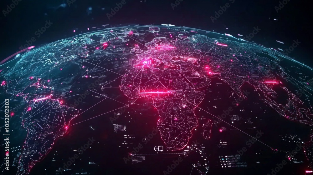 Wall mural a digital globe with data points and technology symbols connecting different regions of the world