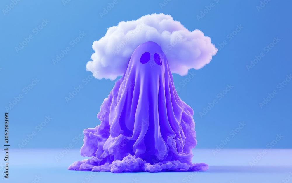 Poster a whimsical purple ghost with a cloud on its head, creating a playful and surreal atmosphere in a vi