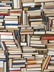 Fototapeta premium A dense arrangement of various books stacked together, showcasing diverse covers and sizes.