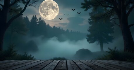 Fototapeta premium A full moon in a night sky with bats flying, surrounded by a dark, misty forest with a wooden platform in the foreground.