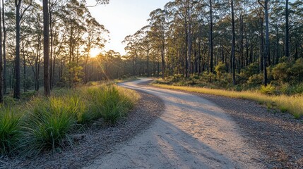 Fototapeta premium Winding Dirt Road Through Forest at Sunset