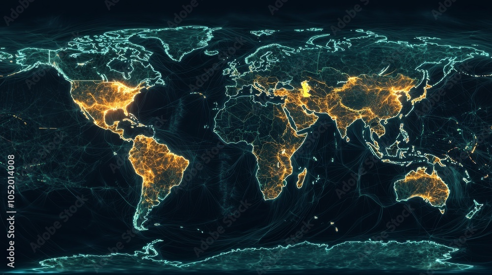 Sticker global trade routes visualized as glowing lines connecting continents on a digital world map