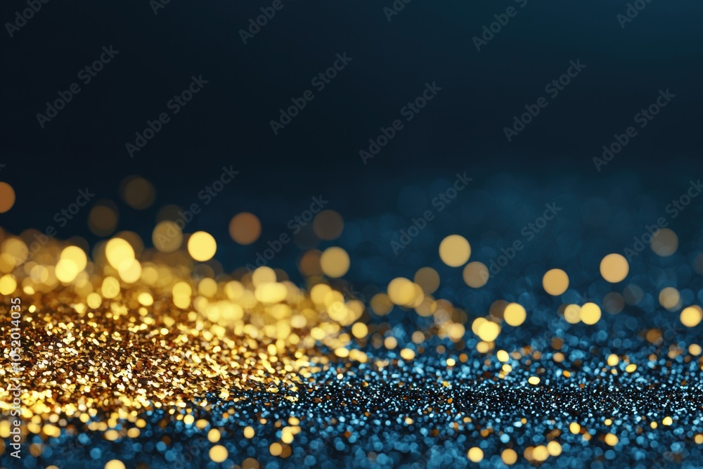 Poster a mesmerizing close-up of shimmering gold and blue glitter, creating a vibrant background filled wit