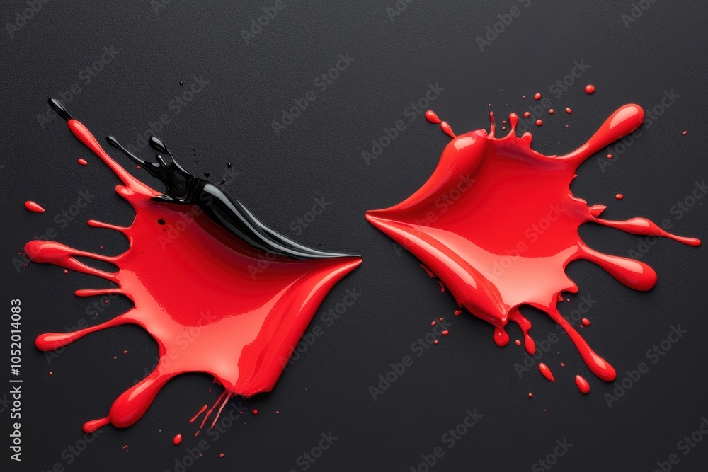 Poster vibrant splashes of red and black paint contrasting on a sleek surface, creating an artistic display
