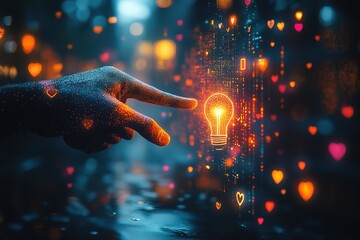 A hand reaches out to touch a glowing lightbulb icon, surrounded by hearts and data.