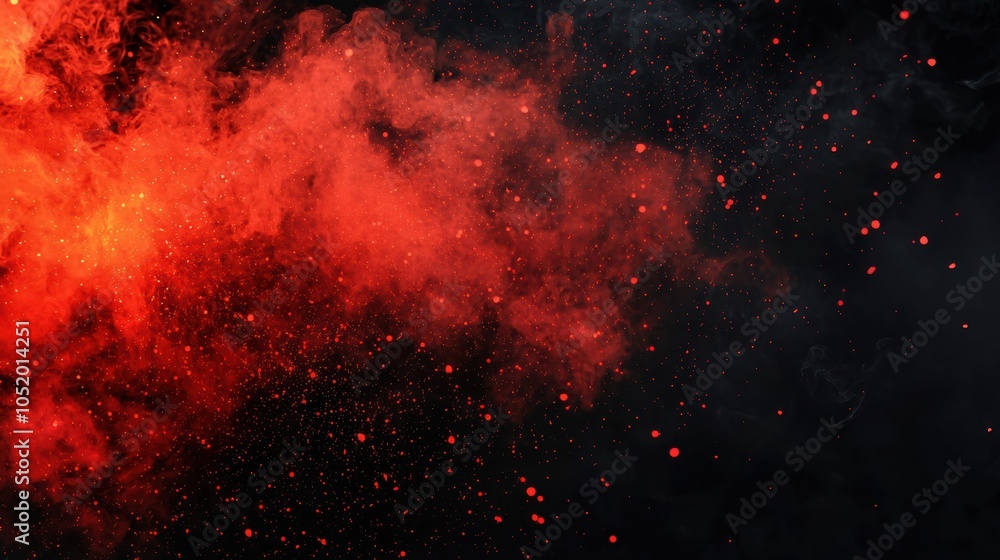 Poster dynamic abstract image showcasing vibrant red smoke and particles against a dark background, creatin