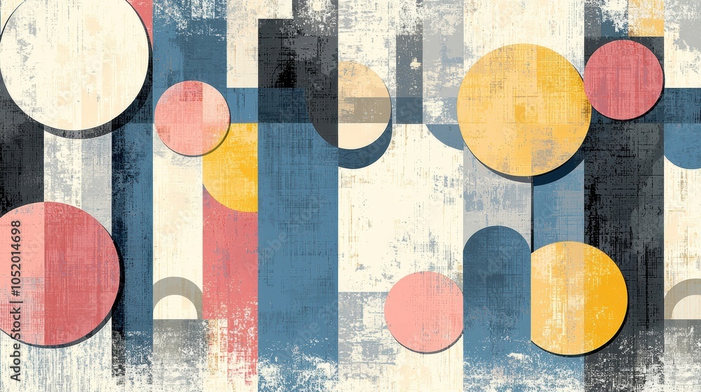 Poster abstract geometric composition featuring circles and rectangles in soft pastel colors on a textured 