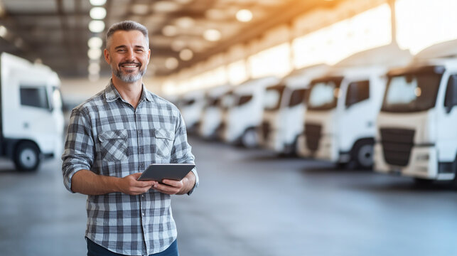 Fleet Management with Tablet and Trucks in Warehouse: A person holding a tablet in front of a row of parked delivery trucks in a warehouse, representing logistics and fleet management.