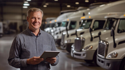 Fleet Management with Tablet and Trucks in Warehouse: A person holding a tablet in front of a row of parked delivery trucks in a warehouse, representing logistics and fleet management.