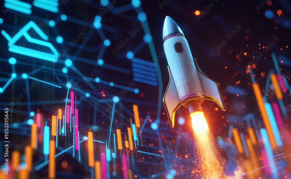 Poster financial rocket launch with data visualization: a rocket launching amidst digital financial data an