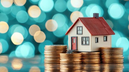 House model on coins against a blurred bokeh background.