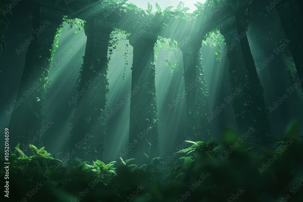 Poster mysterious ancient ruins enveloped in lush greenery, with sunbeams filtering through the overgrown p