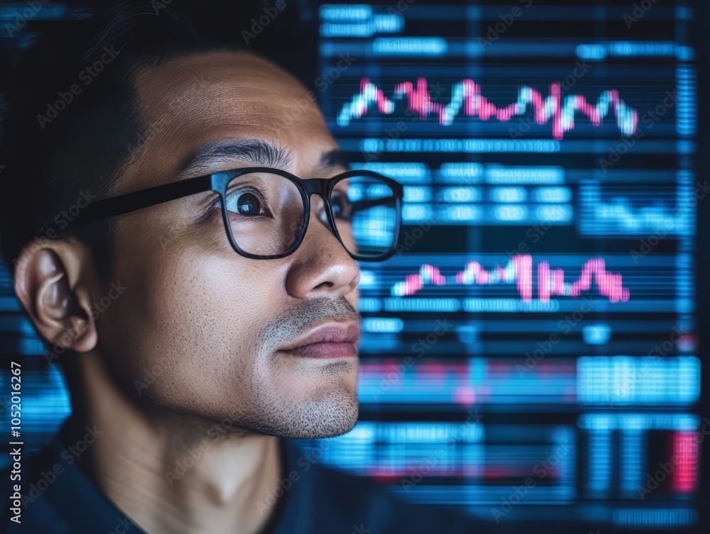 Poster businessman analyzing data trends on digital screen with graphs.