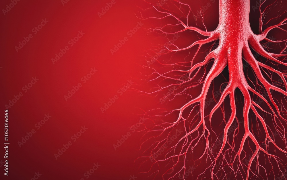 Poster intricate red root system against a vibrant red background, highlighting nature's complexity and bea