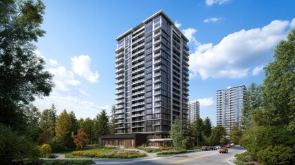 Modern Residential Building Amidst Greenery and Blue Skies