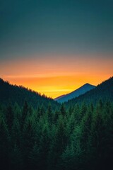 Obraz premium Breathtaking sunset over a tranquil valley, framed by lush evergreen trees. A beautiful landscape capturing nature's serene moments.