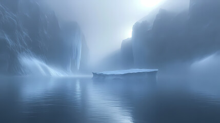 Misty dawn shrouds a frozen fjord, where a colossal iceberg floats effortlessly, giants of ice hang from crystalline waters, worn glaciers whisper secrets. Frozen Fjord. Illustration