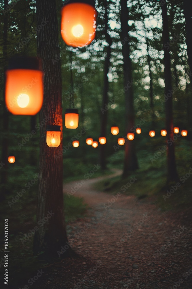 Aufkleber a serene forest path illuminated by hanging lanterns, creating a magical atmosphere perfect for even