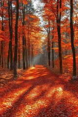 Obraz premium A serene autumn pathway lined with vibrant orange and red leaves, inviting tranquility and reflection amid nature's stunning seasonal changes.