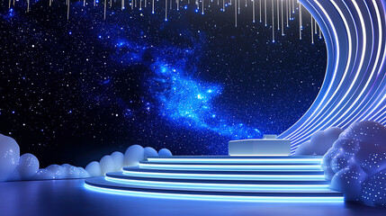 geometric podium with fantastic starry sky and nebula background at night, background for e-commerce promotion